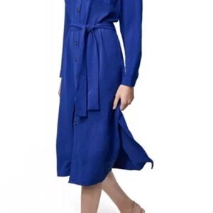 DKNY Women's Royal Blue Long Sleeve Button Front Collared Belted Shirtdress